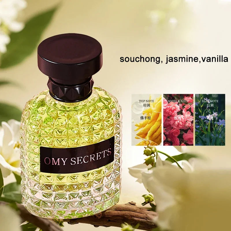 A textured glass bottle labeled Rivet Series Fresh Perfume is displayed among white flowers, revealing a woody, fruity, floral fragrance with bergamot notes—an elegant, long-lasting, alcohol-free EDT for women.
