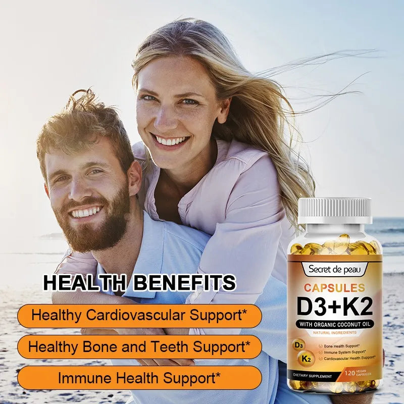 A smiling woman hugs a bearded man from behind outdoors. Beside them is a bottle labeled Vegetarian Vitamin D3K2 Capsules, 120pcs. Text highlights unisex benefits: supports immune system, heart health, strong bones, and helps sleep and relaxation.