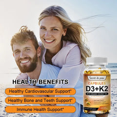 A smiling woman hugs a bearded man from behind outdoors. Beside them is a bottle labeled Vegetarian Vitamin D3K2 Capsules, 120pcs. Text highlights unisex benefits: supports immune system, heart health, strong bones, and helps sleep and relaxation.