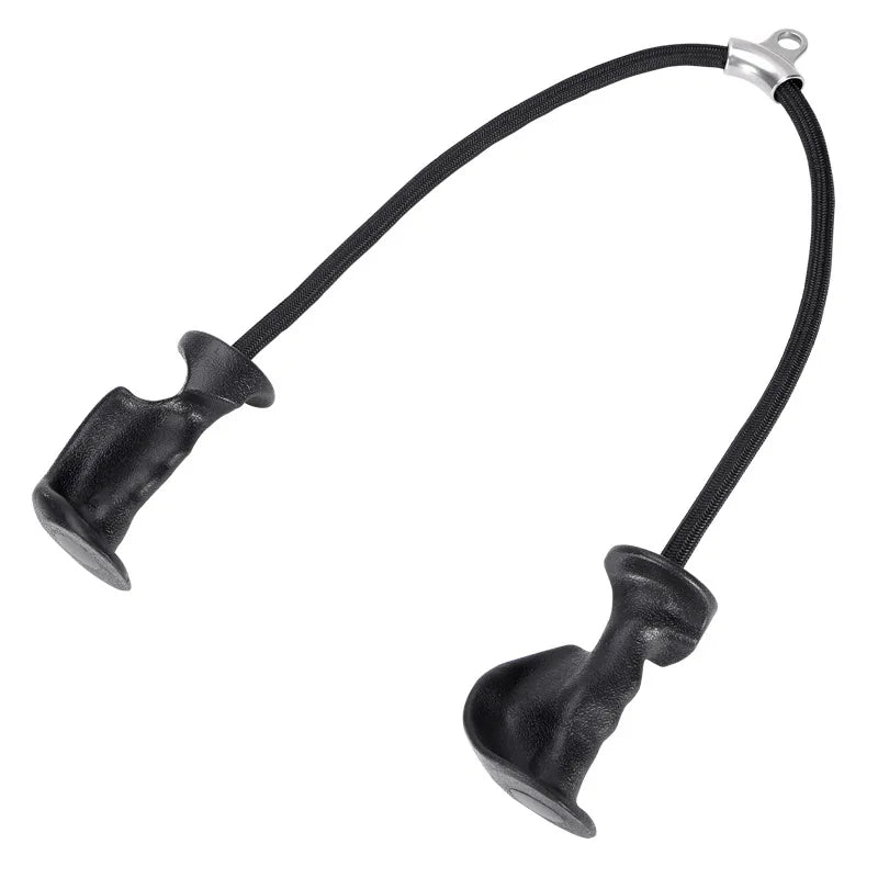 The Tricep Rope with Ergonomic Handles is a black resistance band for strength training, featuring two finger-grooved handles attached at each end, ideal as a gym tricep pull down rope for cable machines and pulley systems.