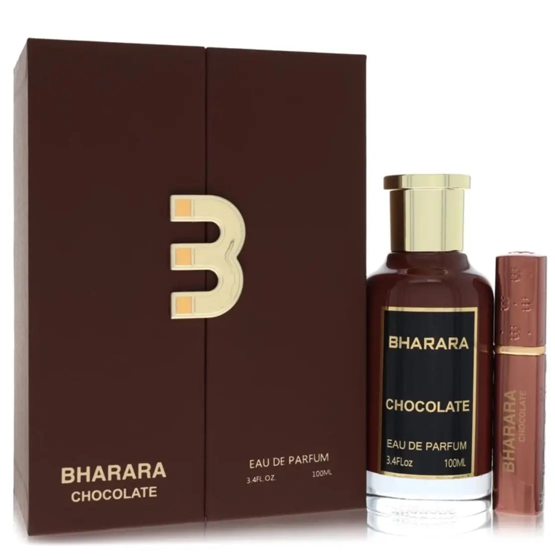 A brown box with a gold B and the words Bharara King Men's Eau de Parfum 100ml stands beside a matching men’s perfume bottle and a spray vial, all labeled Bharara King—a rich woody fragrance, perfect as a gift for him.