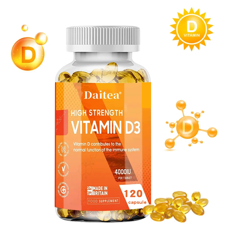 A bottle of Vitamin D3 Capsules 4000IU with a bright orange label contains 120 capsules for immune, bone, muscle, and nervous system support. Illustrated Vitamin D3 molecules surround the bottle.