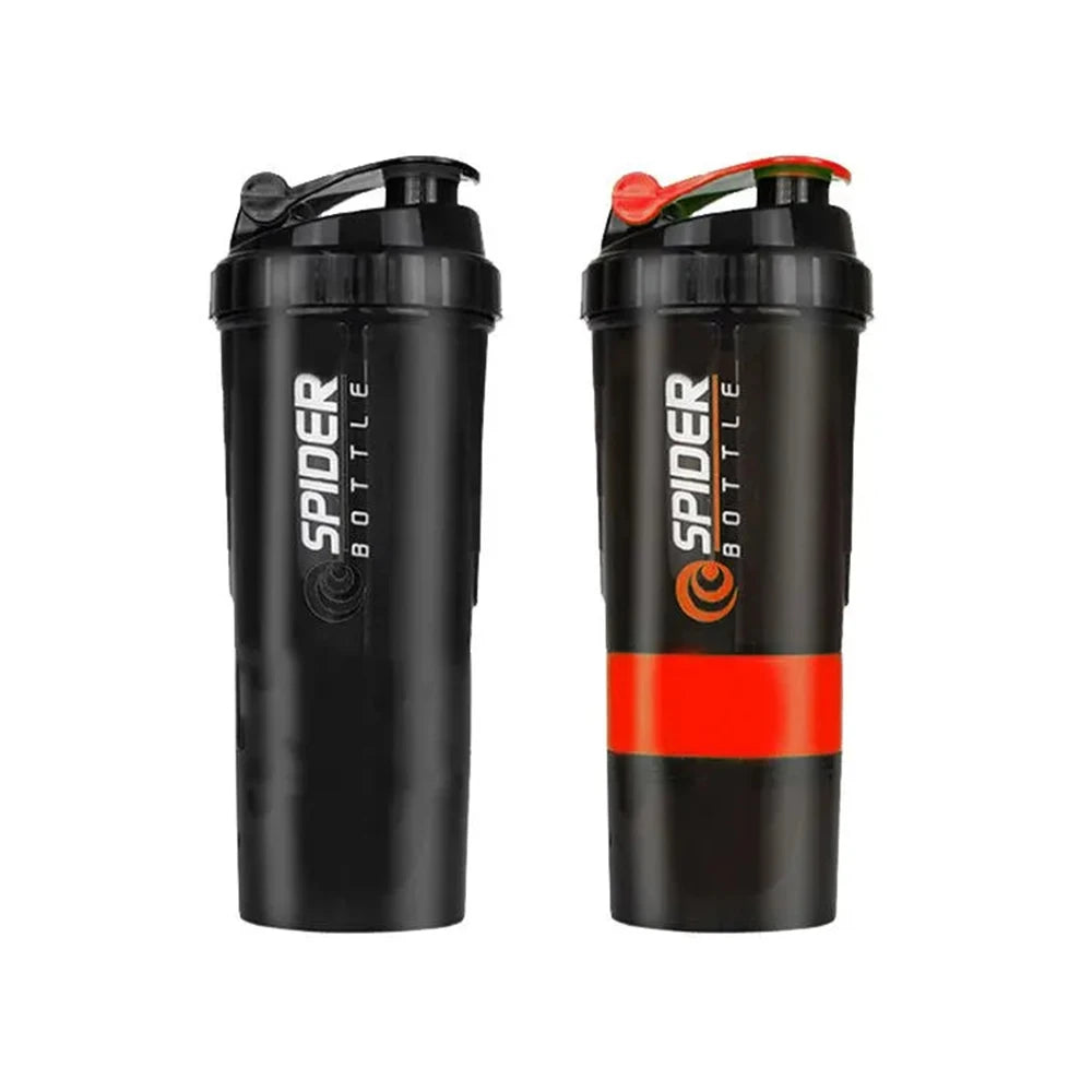 Two 3 Layers Shaker Protein Bottles stand upright. One is solid black; the other has a red band and lid accent. Both feature flip-top lids and printed logos, representing popular large-capacity mixing cups from Mainland China.