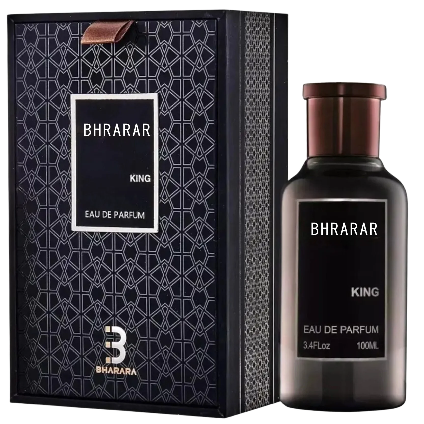 A bottle of Bharara King Men's Eau de Parfum 3.4oz (100ml), a refreshing citrus & musk, long-lasting, formaldehyde-free fragrance, stands by its black box with silver geometric designs and bold branding.