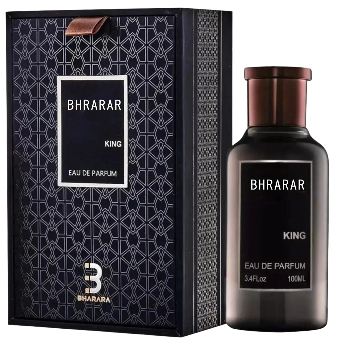 A bottle of Bharara King Men's Eau de Parfum 3.4oz (100ml), a refreshing citrus & musk, long-lasting, formaldehyde-free fragrance, stands by its black box with silver geometric designs and bold branding.