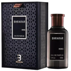 A bottle of Bharara King Men's Eau de Parfum 3.4oz (100ml), a refreshing citrus & musk, long-lasting, formaldehyde-free fragrance, stands by its black box with silver geometric designs and bold branding.