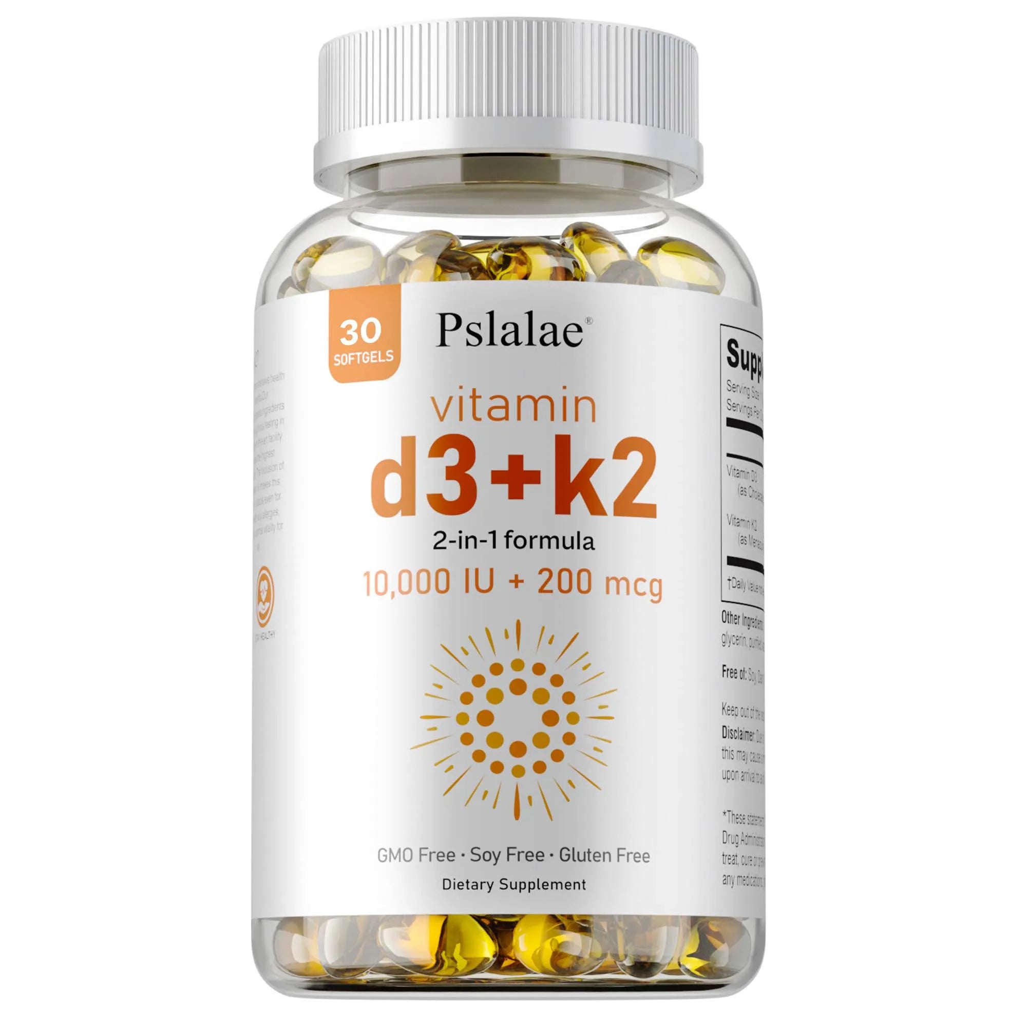 Pslalae Vitamin D3 with K2 (30 softgels, 10,000 IU + 200 mcg) is a powerful unisex 2-in-1 GMO-free, soy-free, and gluten-free supplement that supports heart and bone health, sleep, immunity, and overall wellness.