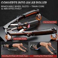 The Twister Arm Trainer is a 3-in-1 hydraulic chest workout device with adjustable 22-440lbs resistance, removable ab roller wheels, and hooks. Inset images show a unisex user demonstrating standing and kneeling ab rollouts.