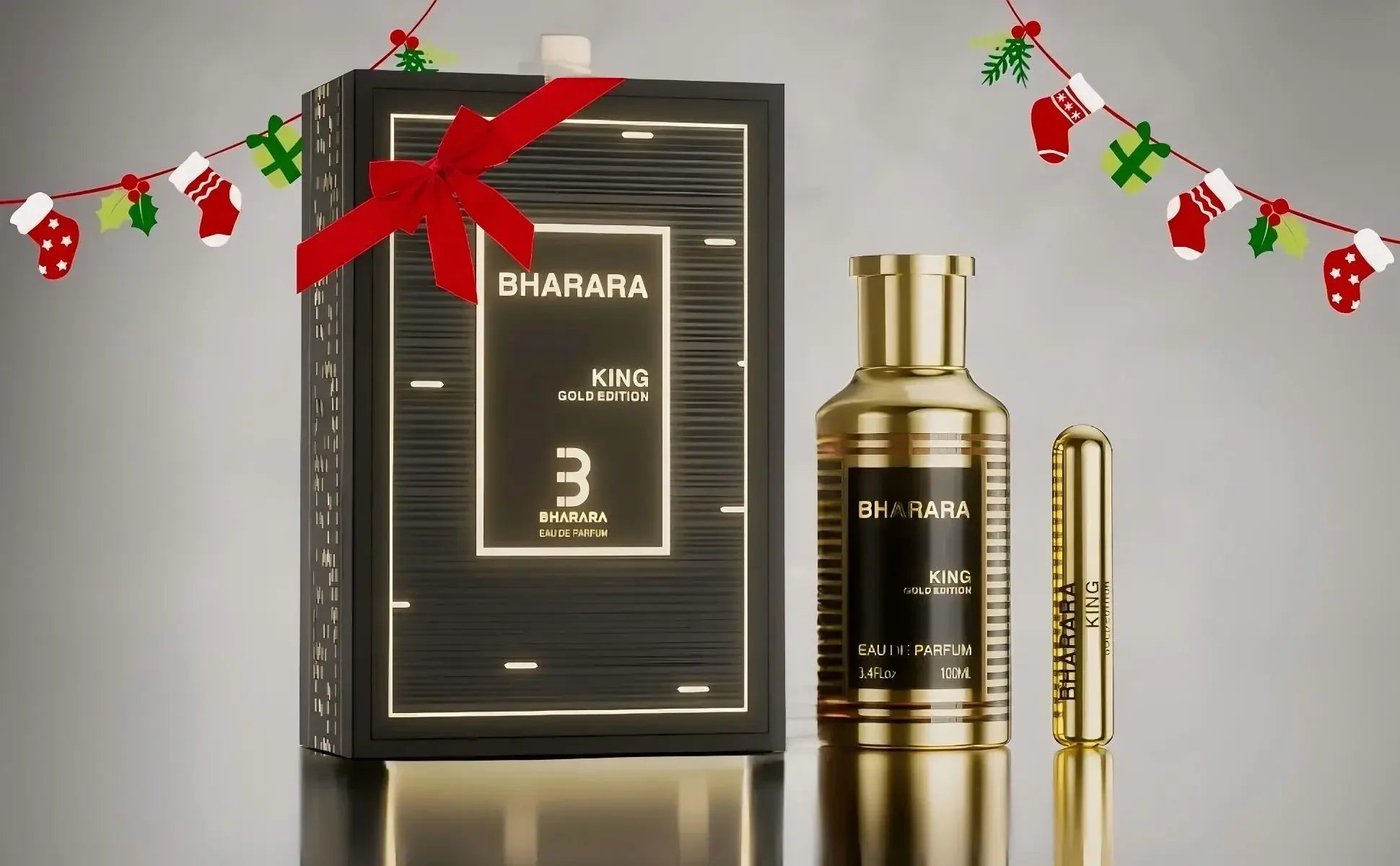 A gold bottle and matching vial of Bharara King Gold Edition Eau de Parfum (100ml), inspired by elite gourmand classics, are shown with a black-and-gold gift box topped with a red bow. Holiday stockings and presents decorate the background.