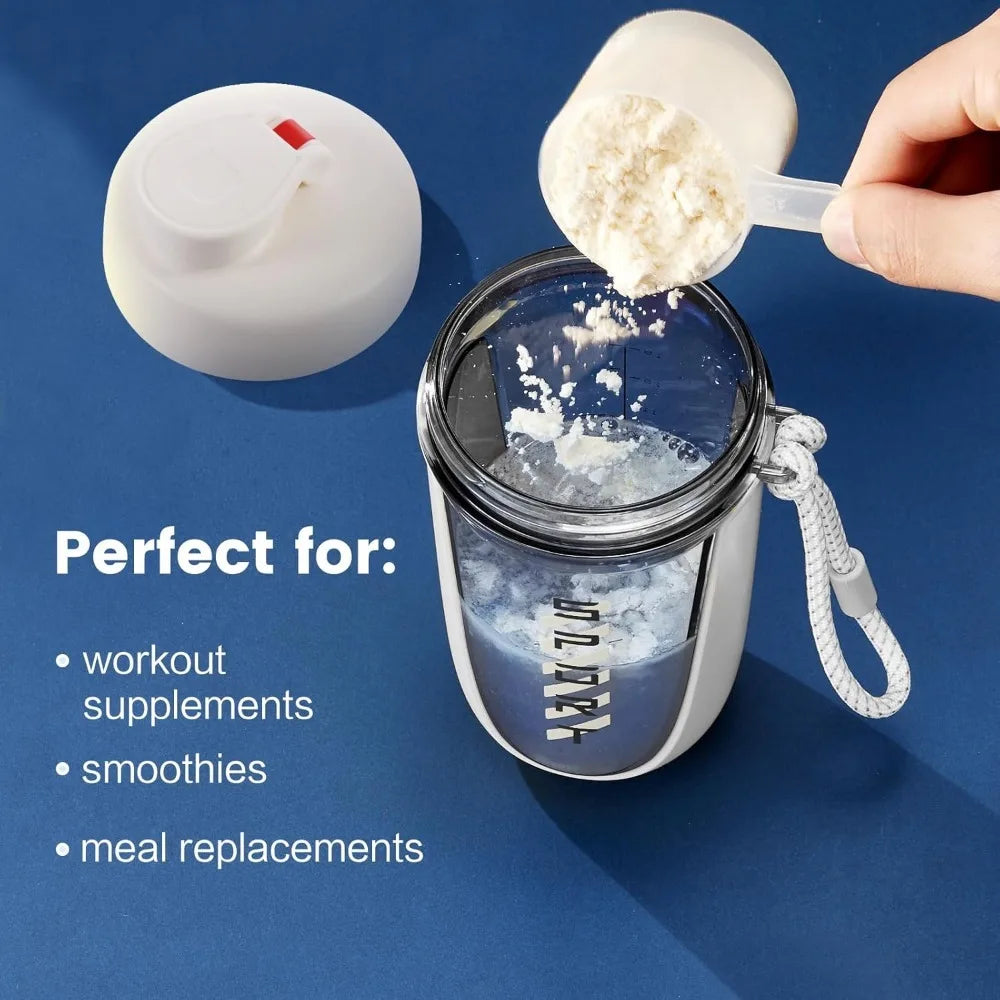 A hand pours powder into a Premium Protein Powder Shaker (590ml/20oz), featuring a leak-proof white lid, rope handle, and plastic ball. Made in China from BPA-free Tritan. Perfect for workout supplements, smoothies, meal replacements.