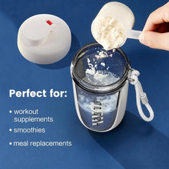 A hand pours powder into a Premium Protein Powder Shaker (590ml/20oz), featuring a leak-proof white lid, rope handle, and plastic ball. Made in China from BPA-free Tritan. Perfect for workout supplements, smoothies, meal replacements.