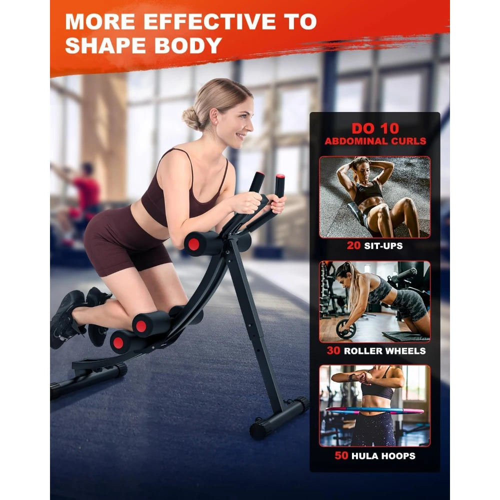 A woman uses the Adjustable Ab Machine for Home Gym indoors. Text overlay: More effective to shape your body. A side panel shows this unisex ab crunch equipment delivers strength training results, making it ideal for beginners and everyone at home.