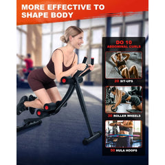 A woman uses the Adjustable Ab Machine for Home Gym indoors. Text overlay: More effective to shape your body. A side panel shows this unisex ab crunch equipment delivers strength training results, making it ideal for beginners and everyone at home.