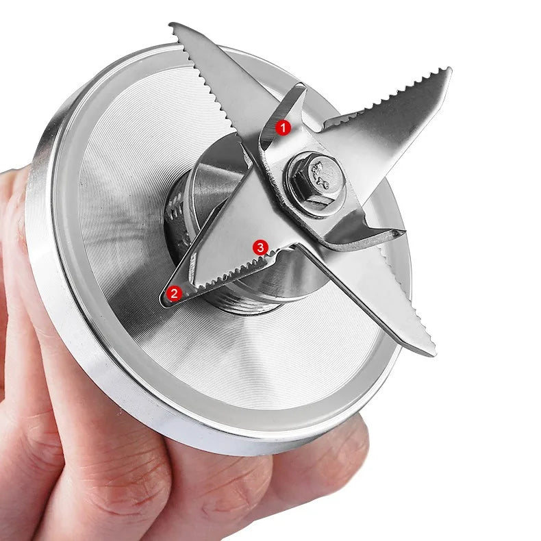 A close-up of a hand holding the For SILVER CREST Blender Spare Jug 2L Capacity replacement blade assembly—featuring four sharp blades, visible screws, and teeth—compatible with your blender jug, isolated on a white background.