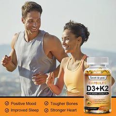 A smiling unisex pair jogs outdoors in workout clothes. In front is a bottle of Vegetarian Vitamin D3K2 Capsules, which support immunity, heart health, strong bones, better sleep, and relaxation.