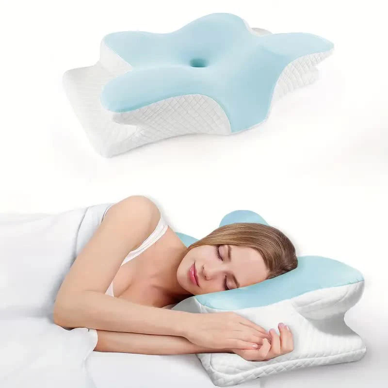 A woman rests on her side with the Memory Foam Pillows Butterfly Shaped Relaxing Cervical Slow Rebound Neck Pillow, featuring contoured, wing-like sides and a central hole. Another view highlights the pillow's unique orthopedic design.