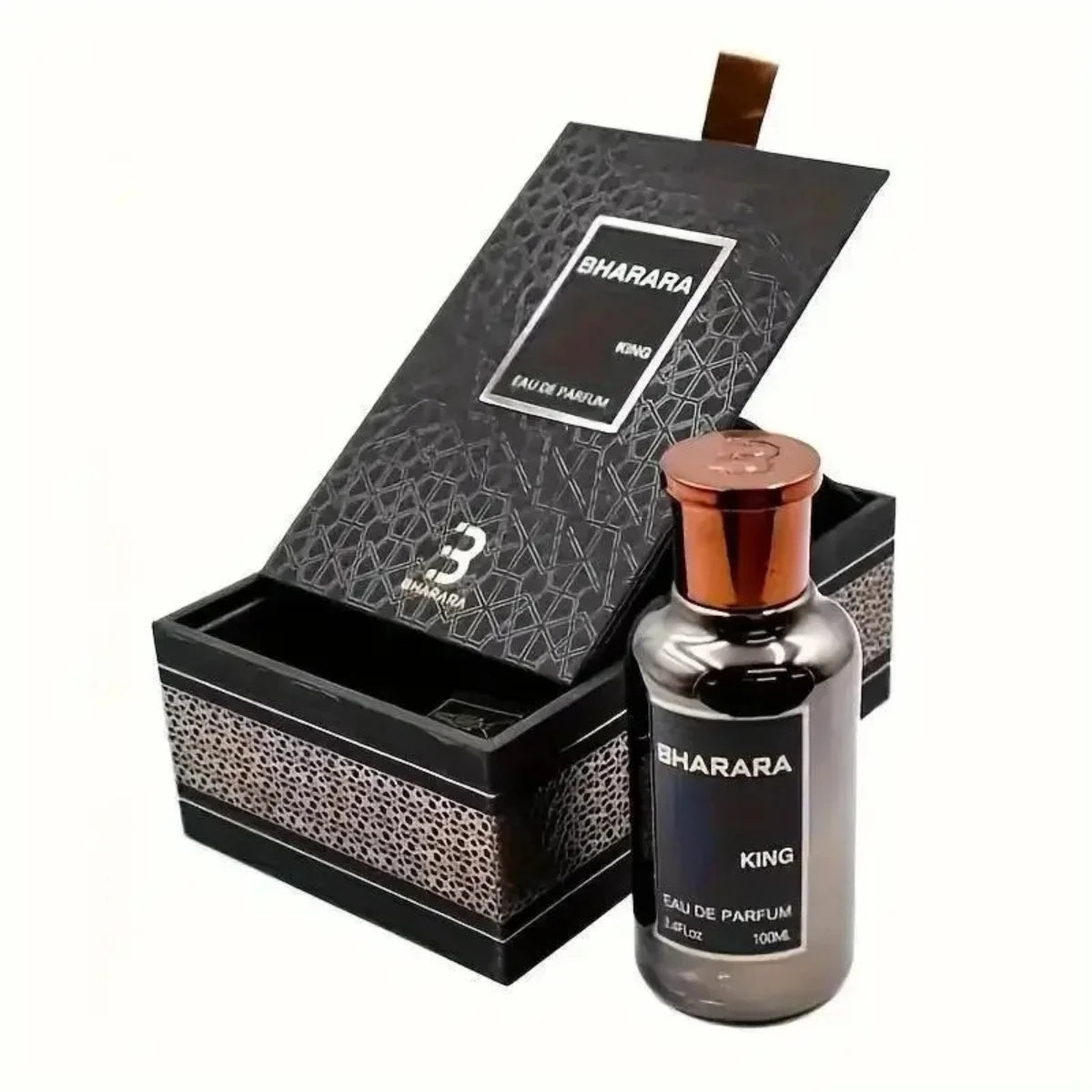 A 100ml bottle of Bharara King Eau De Parfum for Men, featuring a citrus fruity scent with orange, amber, musk, and vanilla notes and a striking copper cap, is displayed in front of its black patterned luxury gift box.