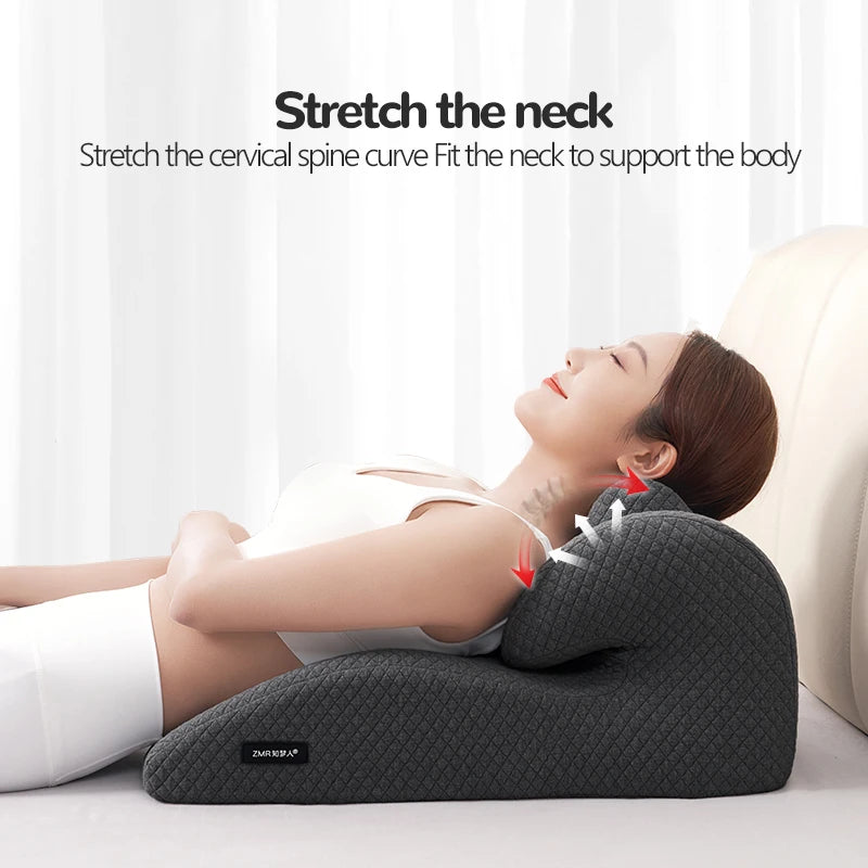 A woman in white workout clothes reclines on the New Butt Cushion Multifunctional Prone Position Lie Pillow, showing its unique curved design providing neck and lumbar support. Arrows highlight support direction, with text explaining the benefits.