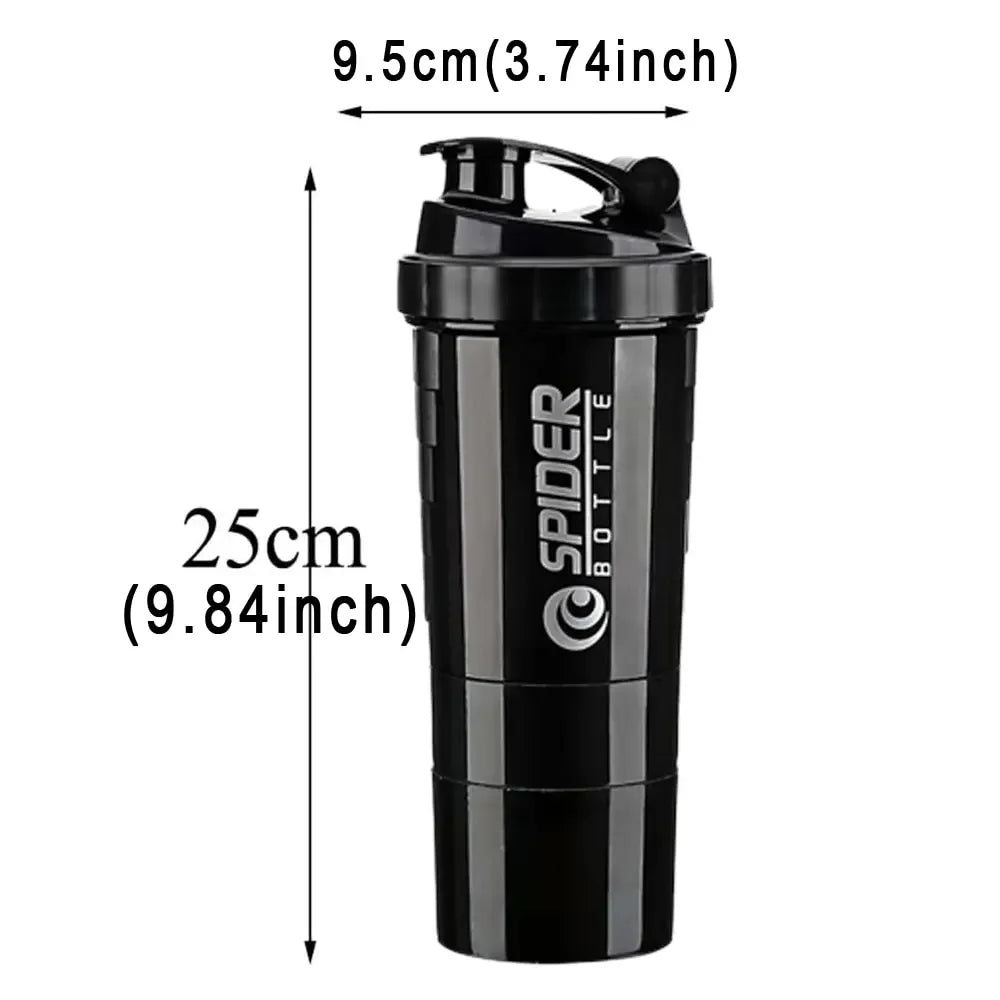 The 3 Layers Shaker Protein Bottle is a black mixing cup by FEB.WIND, featuring measurement labels, flip-top lid, and cylindrical design. It stands 25cm tall, 9.5cm in diameter, has large capacity, and is crafted in Mainland China.