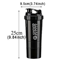 The 3 Layers Shaker Protein Bottle is a black mixing cup by FEB.WIND, featuring measurement labels, flip-top lid, and cylindrical design. It stands 25cm tall, 9.5cm in diameter, has large capacity, and is crafted in Mainland China.