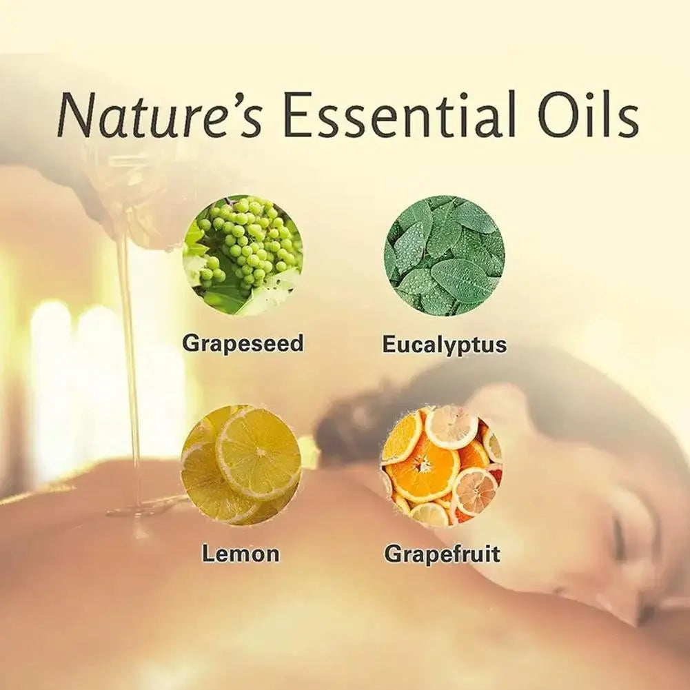 A person receives oil on their back, with four icons above: Grapeseed, Eucalyptus, Lemon, and Grapefruit oils—all chemical-free and unisex. Text: 240ml Collagen & Stem Cell Anti-Cellulite Massage Oil for firmer, smoother skin.
