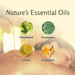 A person receives oil on their back, with four icons above: Grapeseed, Eucalyptus, Lemon, and Grapefruit oils—all chemical-free and unisex. Text: 240ml Collagen & Stem Cell Anti-Cellulite Massage Oil for firmer, smoother skin.