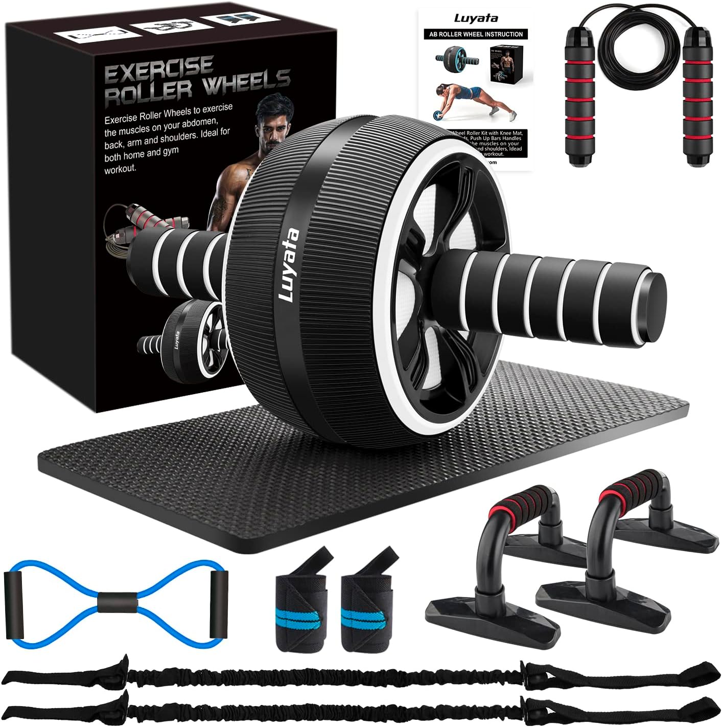 Ab Roller Wheel, 10 - In - 1 Ab Exercise Wheels Kit with Resistance Bands, Knee Mat, Jump Rope, Push - Up Bar - Home Gym Equipment for Men Women Core Strength & Abdominal Exercise - Showlu Well Nation Store