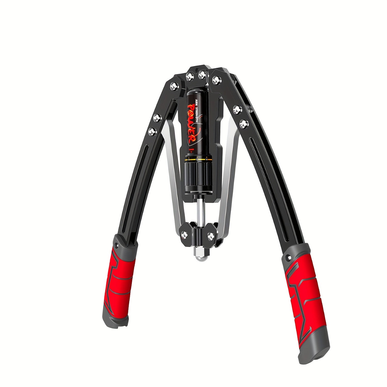 The Hydraulic Adjustable Arm Trainer features carbon steel construction, non-slip black and red handles, a foldable design, visible bolts, and offers 20 resistance levels from 22-440 lbs for chest, shoulder, and back workouts.