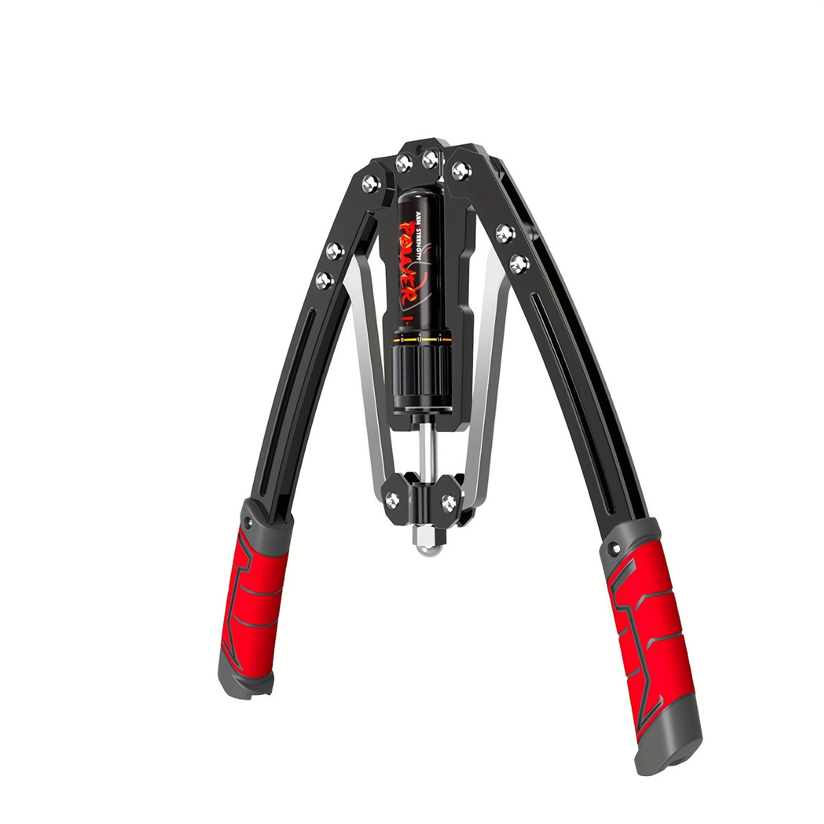 The Hydraulic Adjustable Arm Trainer features carbon steel construction, non-slip black and red handles, a foldable design, visible bolts, and offers 20 resistance levels from 22-440 lbs for chest, shoulder, and back workouts.