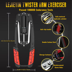 Hydraulic Adjustable Arm Trainer 22-440 lbs product diagram highlights: enclosed hydraulic cylinder, non-slip handle, double carbon steel build, foldable design with storage fasteners, reinforcement rivets; size info included—ideal Valentine's Day fitness gift.