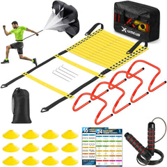 Agility Ladder Speed Training Equipment Set - 20ft Agility Ladder,12 Soccer Cones,4 Hurdles, Jump Rope, Running Parachute| Basketball Football Soccer Training Equipment for Kids Youth Adults - Showlu Well Nation Store