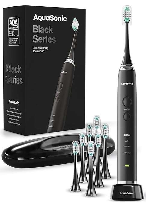Aquasonic Black Series Ultra Whitening Toothbrush – ADA Accepted Electric Toothbrush - 8 Brush Heads & Travel Case – 40,000 VPM Electric Motor & Wireless Charging - 4 Modes w Smart Timer - Showlu Well Nation Store