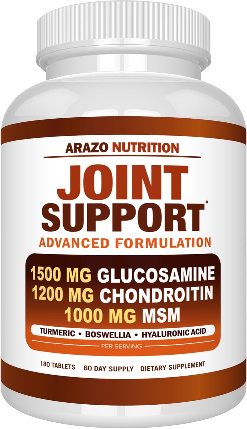 Arazo Nutrition Glucosamine Chondroitin Turmeric Msm Boswellia - Joint Support Supplement for Relief 180 Tablets for Bones, Back, Knees, Hands (180 Tablets) - Showlu Well Nation Store
