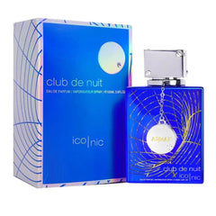Armaf Club de Nuit Blue Iconic men's eau de parfum spray bottle and packaging in blue with silver accents, 3.6 ounce long-lasting fragrance