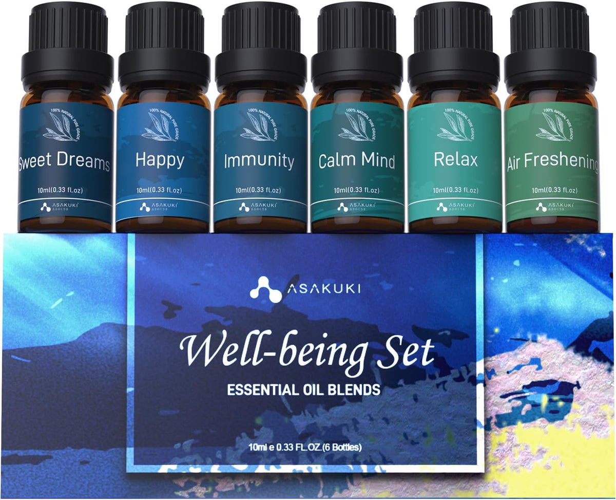 ASAKUKI Essential Oil Blends, Essential Oils Set for Diffusers for Home, Well - Being Kit - Calming, Dreams, Breathe, Relaxing, Mood, Fresh Air Aromatherapy Oils for Humidifiers, Massage, 6x10ml - Showlu Wellness Nation Store