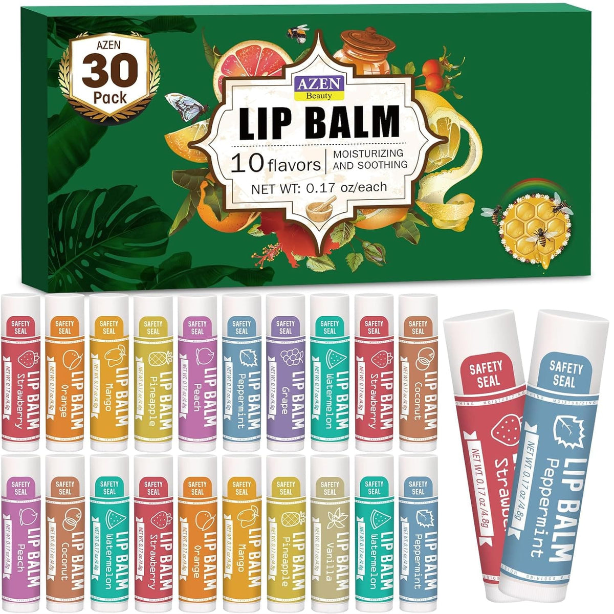 AZEN 30 Pack Lip Balm, Natural Lip Balm Bulk, Lip Care Product, Moisturizing Lip Balm for dry cracked lips - 10 Flavors - Showlu Well Nation Store
