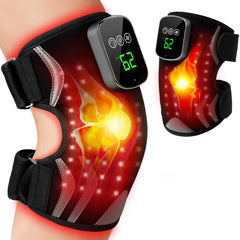 A Warming Knee Cushion, a knee support with heat and massage features, emits red and yellow light for pain relief. The LED display shows 62, and USB charging ensures convenience. Close-up image highlights this cozy massage knee aid.