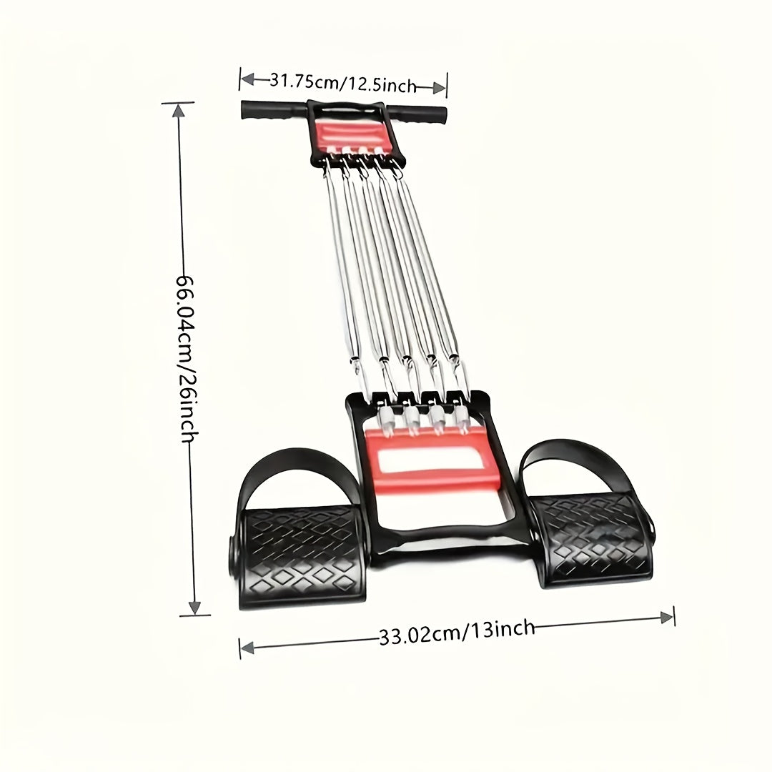 The Versatile Stainless Steel Pedal Puller features five steel bands, two foot pedals, and a handlebar (31.75 cm wide). It measures 66.04 cm long with 33.02 cm wide pedals. Ideal for strength workouts and sit-ups. Made in Shandong, China.