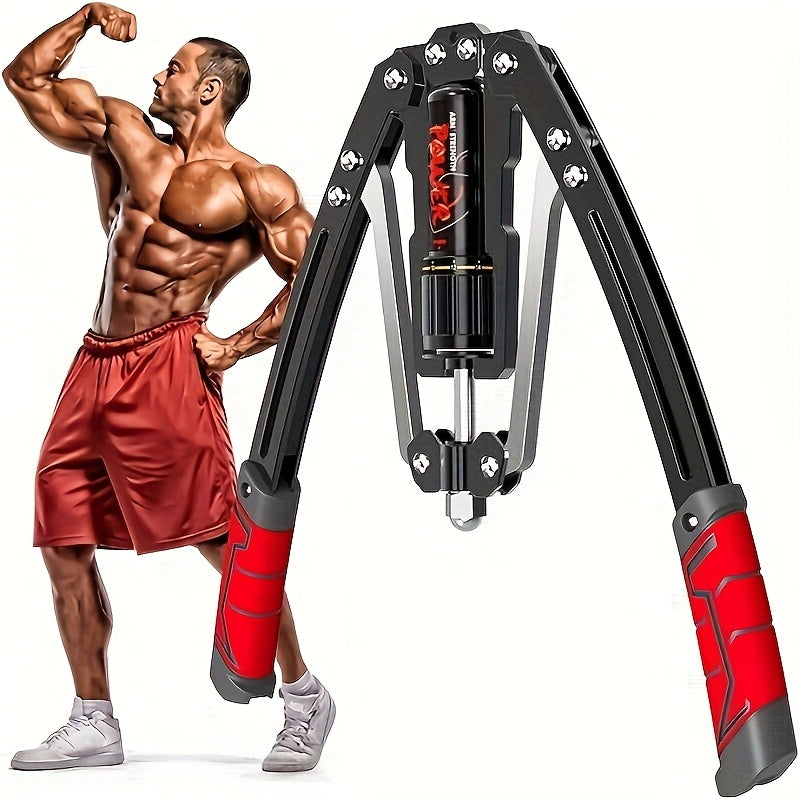 A muscular man in red shorts flexes beside a Hydraulic Adjustable Arm Trainer (22-440 lbs, carbon steel, non-slip handle) with 20-level resistance for chest/shoulder/back workouts, shown on a white background.