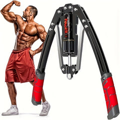 A muscular man in red shorts flexes beside a Hydraulic Adjustable Arm Trainer (22-440 lbs, carbon steel, non-slip handle) with 20-level resistance for chest/shoulder/back workouts, shown on a white background.