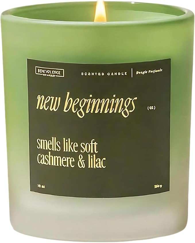 Benevolence LA New Beginnings scented soy candle with cashmere and lilac fragrance in green glass jar, 10 oz, 40-50 hour burn time.