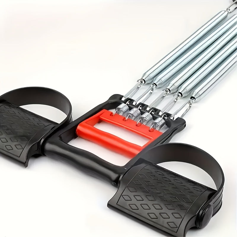 A close-up of the Versatile Stainless Steel Pedal Puller with five springs, black handles, textured footrests, and a red grip—ideal for adjustable arm and chest training. High quality, crafted in Shandong, China.