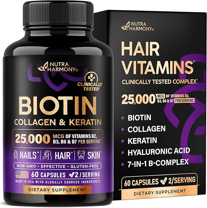 Biotin | Collagen | Keratin - Clinically Tested Supplement - Hair Growth Support, Skin & Nails - 25000 mcg Vitamins B2, B3, B6 & B7 + B1 & Hyaluronic Acid - Made in USA - Women & Men | 60 Capsules - Showlu Well Nation Store