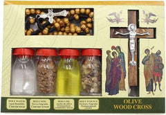 Blessing kit rosary beads with holy water, soil, oil, incense, and olive wood crucifix from Jerusalem