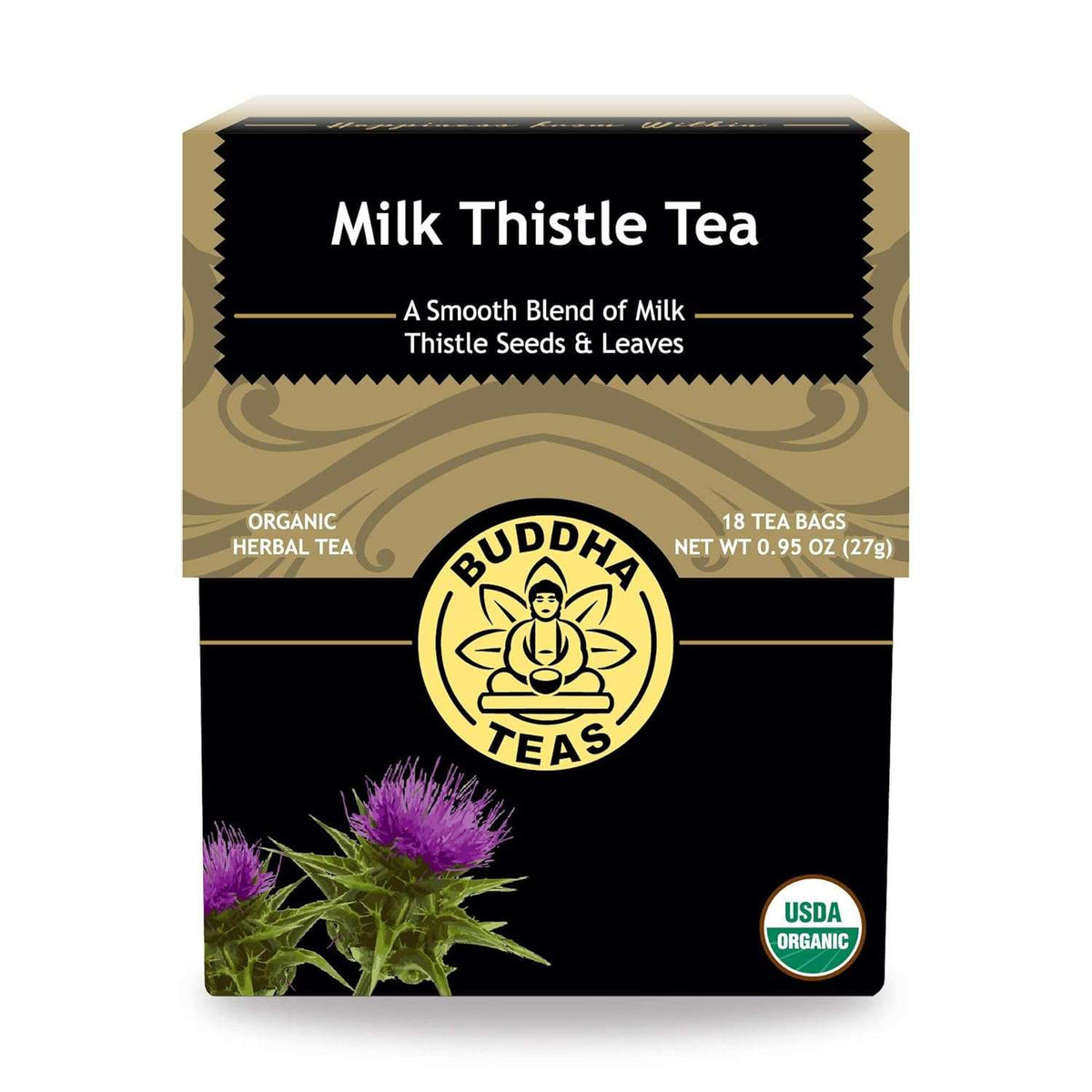 Buddha Teas Organic Milk Thistle Tea box with 18 tea bags, USDA organic, herbal caffeine-free blend for cleansing and wellness.