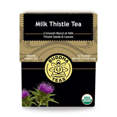 Buddha Teas Organic Milk Thistle Tea box with 18 tea bags, USDA organic, herbal caffeine-free blend for cleansing and wellness.