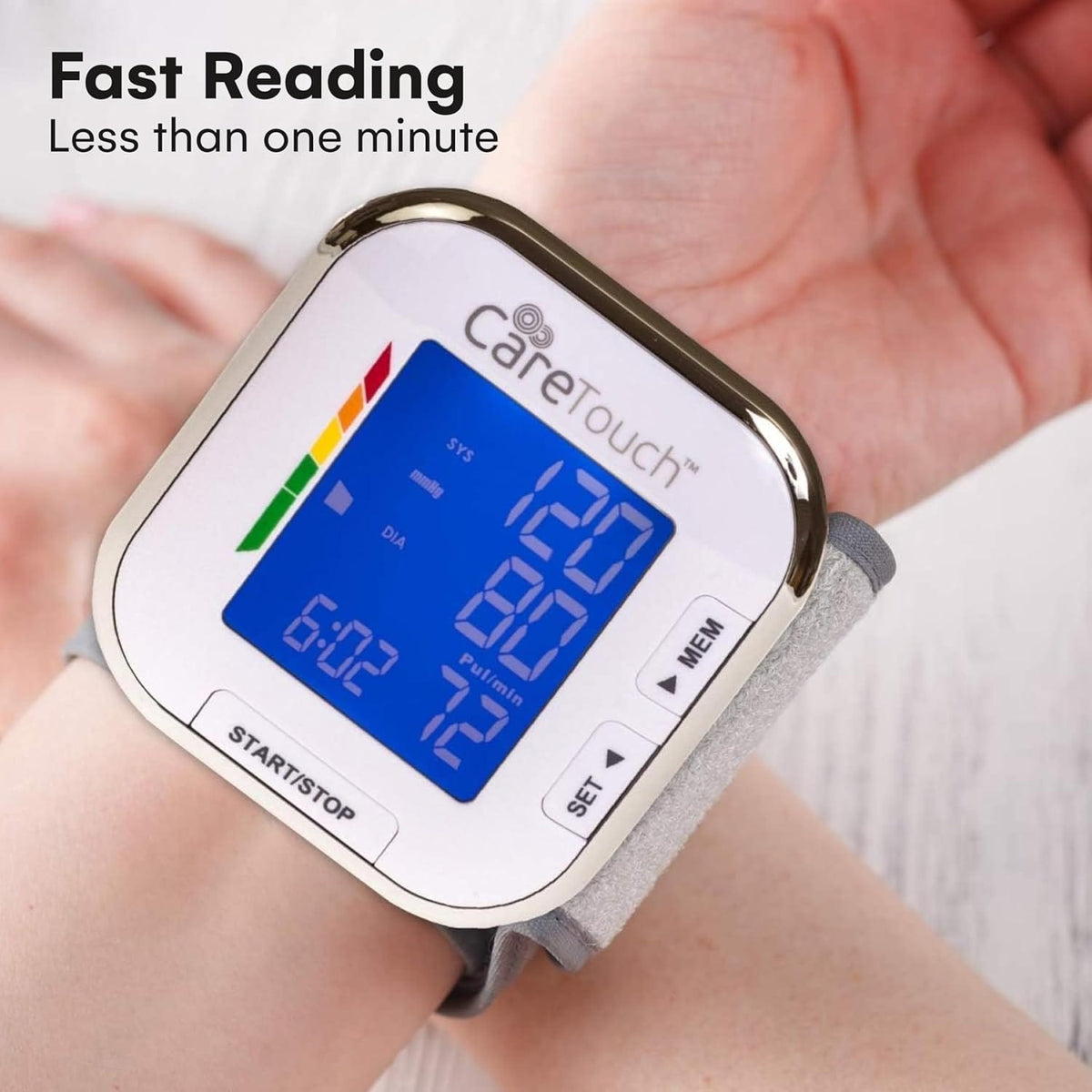 Care Touch Digital Wrist Blood Pressure Monitor showing fast reading in under one minute on wrist with blue backlit display