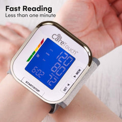 Care Touch Digital Wrist Blood Pressure Monitor showing fast reading in under one minute on wrist with blue backlit display