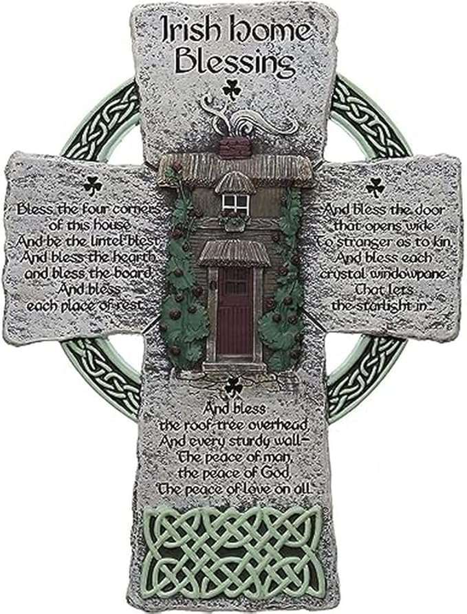 Gray resin Irish home blessing wall cross with cottage imagery and prayer text, 6 x 8 inches