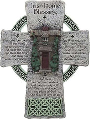 Gray resin Irish home blessing wall cross with cottage imagery and prayer text, 6 x 8 inches